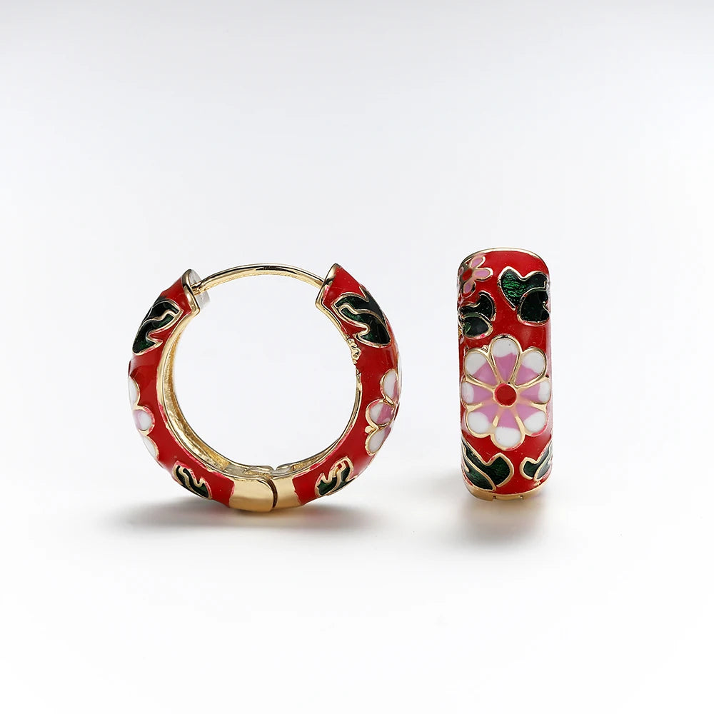 Onekiss Enamel Flower Huggie Hoop Earrings Vintage Boho Style