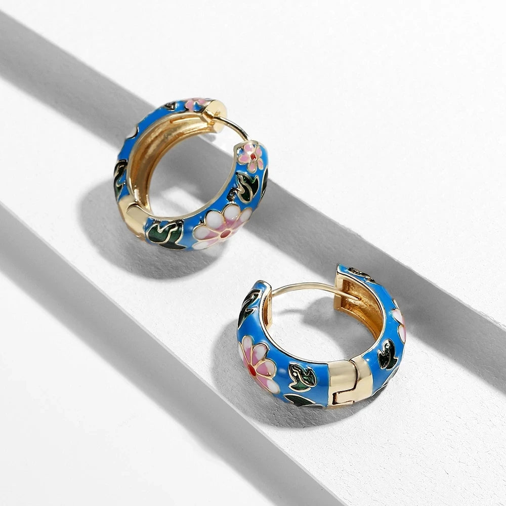 Onekiss Enamel Flower Huggie Hoop Earrings Vintage Boho Style
