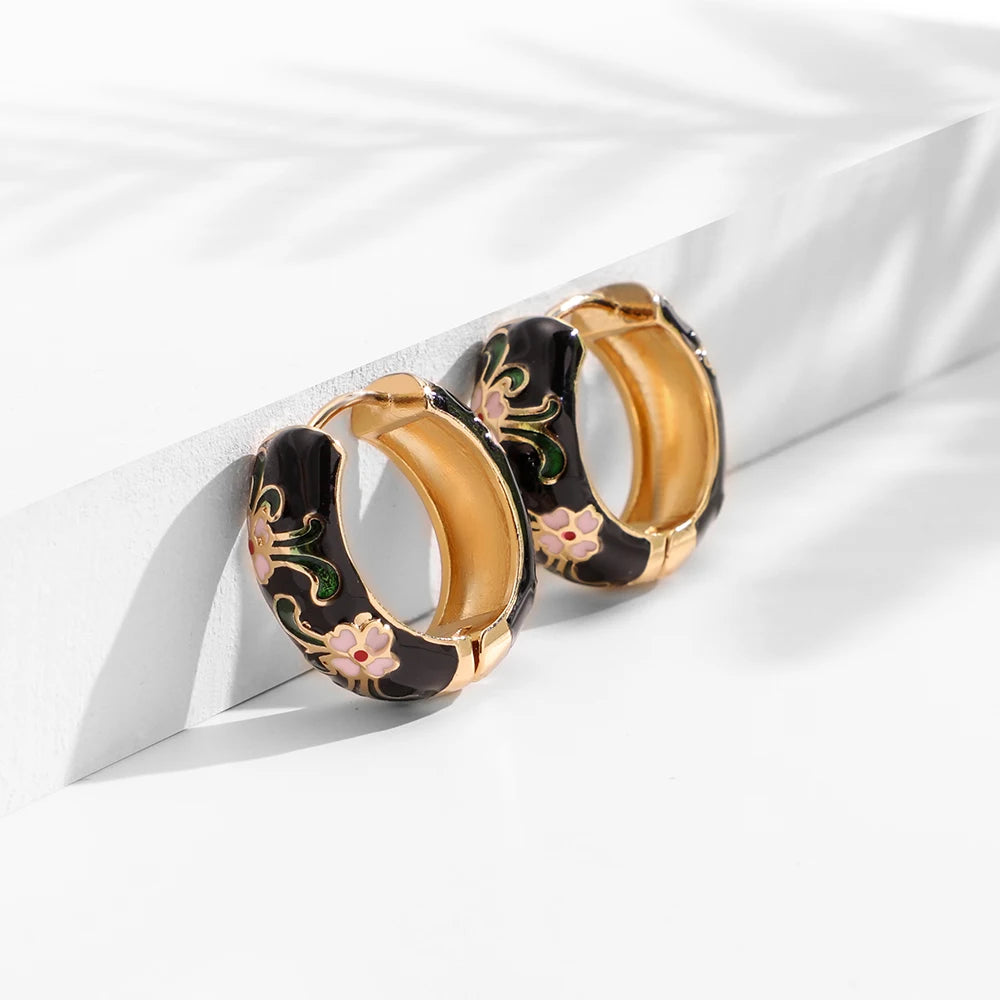 Onekiss Enamel Flower Huggie Hoop Earrings Vintage Boho Style