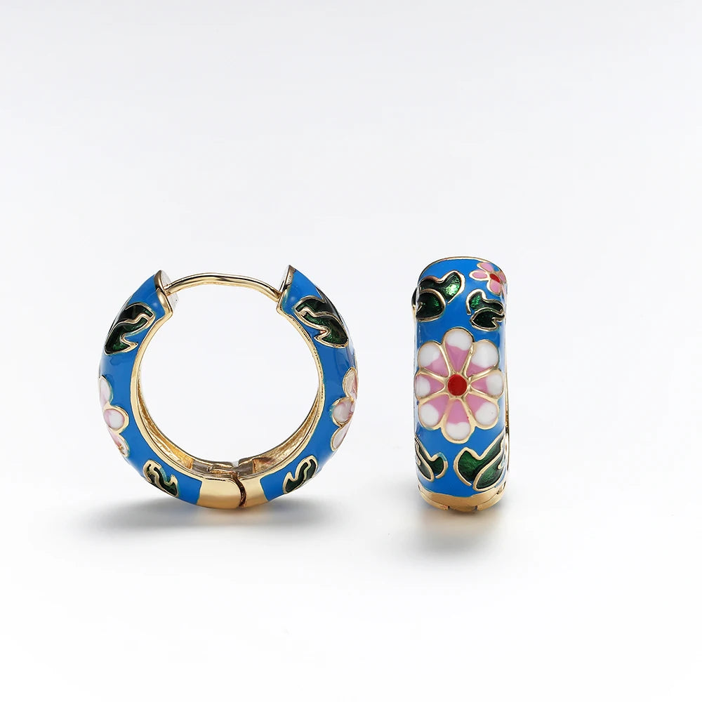 Onekiss Enamel Flower Huggie Hoop Earrings Vintage Boho Style