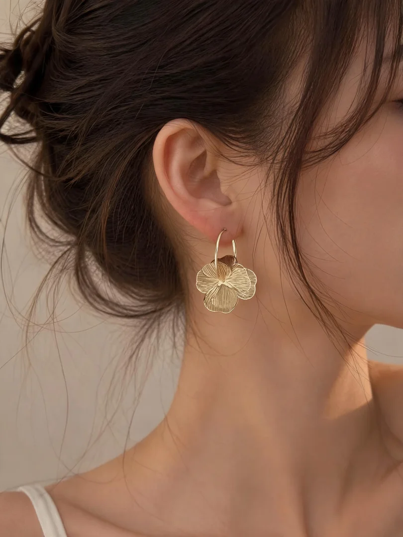 Double-Layer Hollow Flower Hoop Earrings for Women Stainless Steel Gold