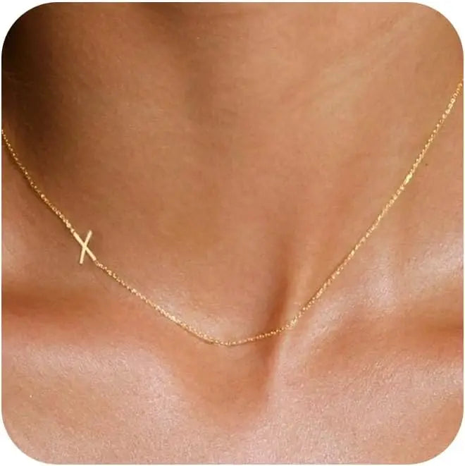 Gold Plated Initial Letter Pendant Necklace Dainty Sideways Choker