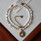 Natural Shell Bead Necklace with Sun Pendant Titanium Steel