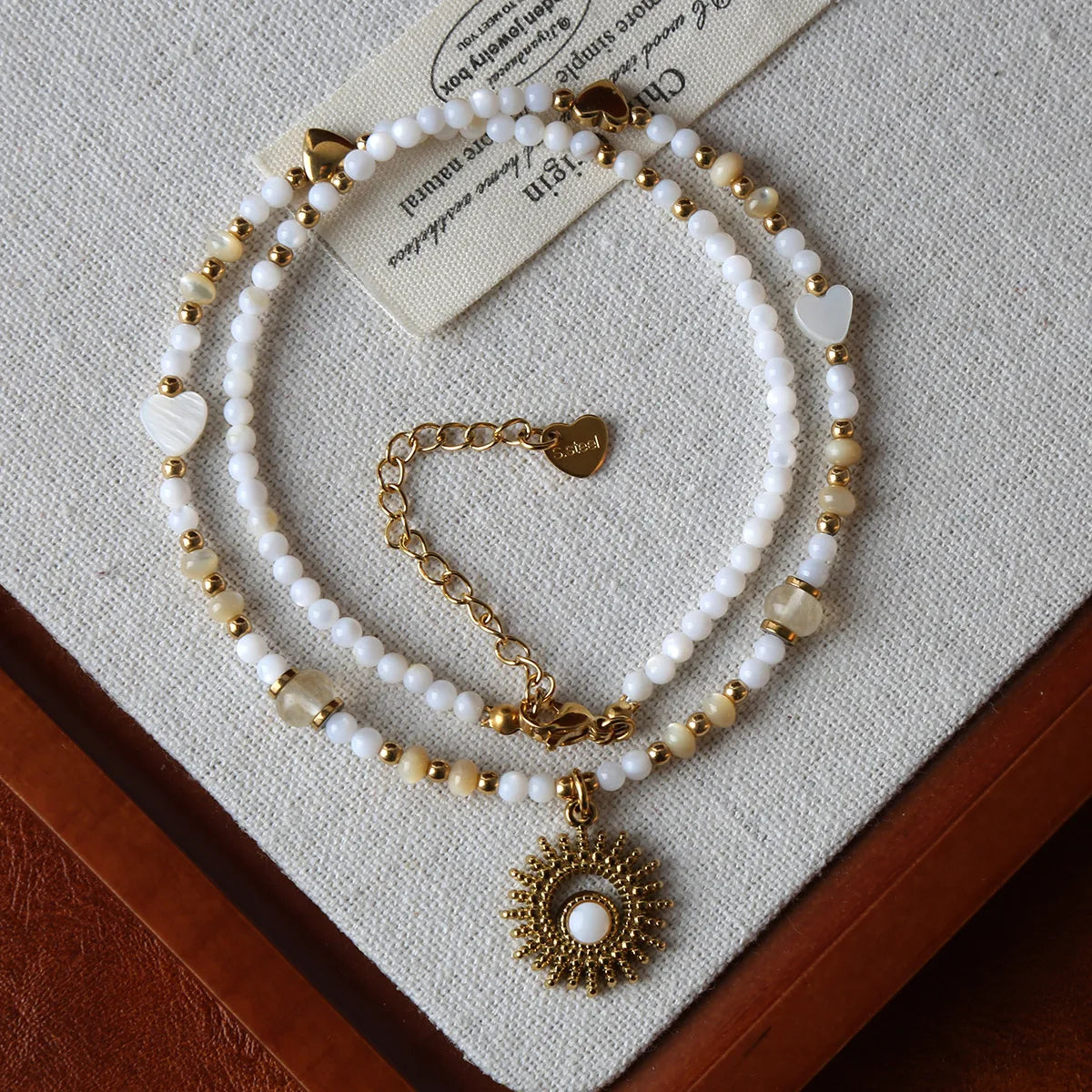 Natural Shell Bead Necklace with Sun Pendant Titanium Steel