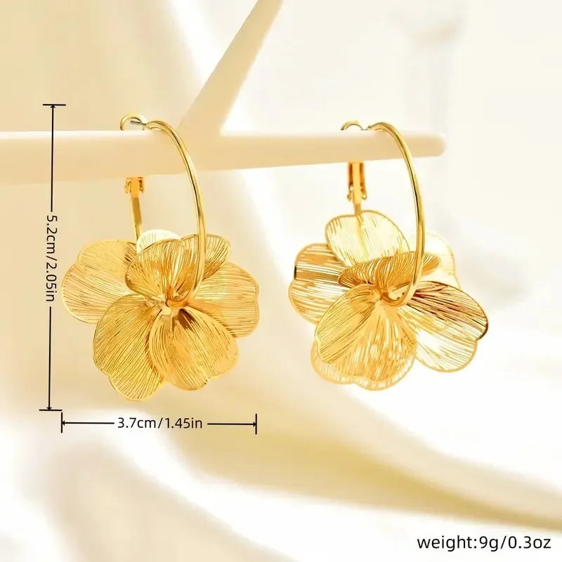 Double-Layer Hollow Flower Hoop Earrings for Women Stainless Steel Gold