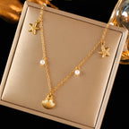 316L Stainless Steel Double Chain Starfish Shell Pendant Necklace 18K