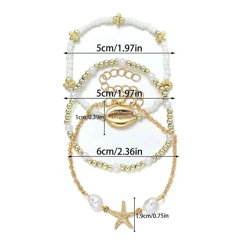 3Pcs Bohemian Shell Starfish Bracelet Set Pearl Beads Beach Jewelry