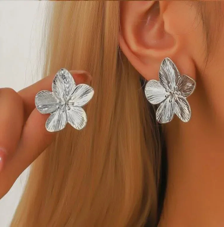 Double-Layer Hollow Flower Hoop Earrings for Women Stainless Steel Gold