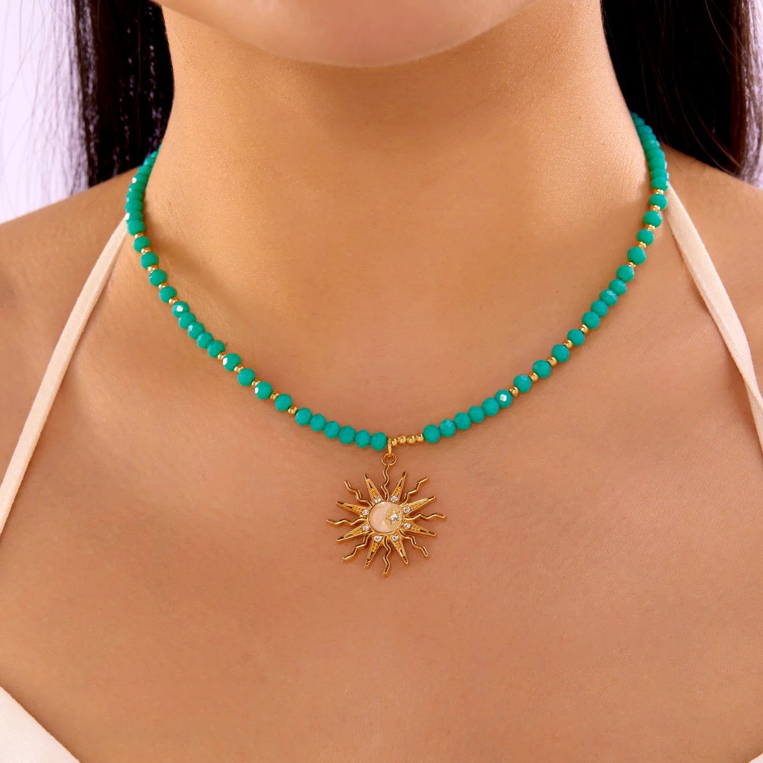 Sun Star Pendant Necklace with Zircon Crystal and Colorful Beads
