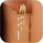 14k Gold Plated Triple Huggie Stud Earrings Dangle Chain CZ