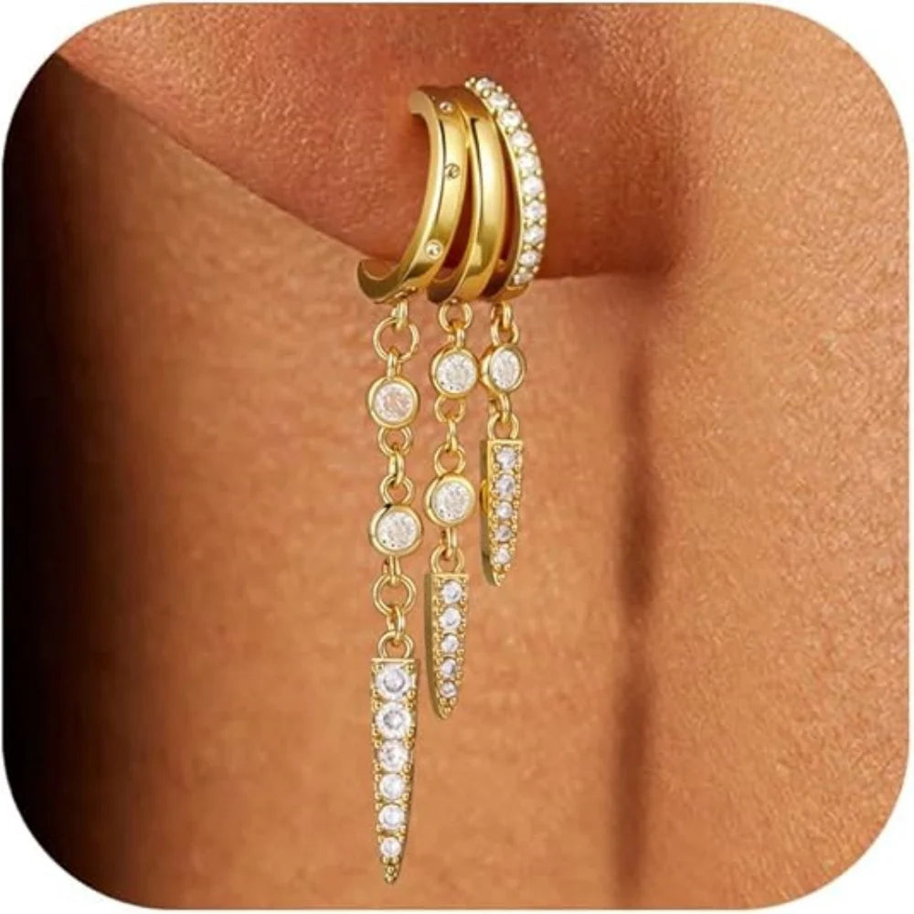 14k Gold Plated Triple Huggie Stud Earrings Dangle Chain CZ