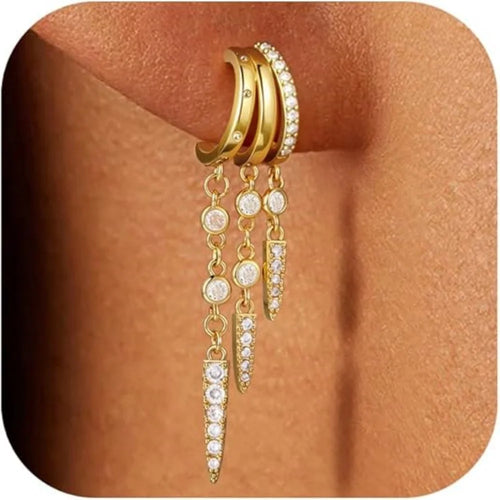 14k Gold Plated Triple Huggie Stud Earrings Dangle Chain CZ
