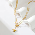 316L Stainless Steel Double Chain Starfish Shell Pendant Necklace 18K