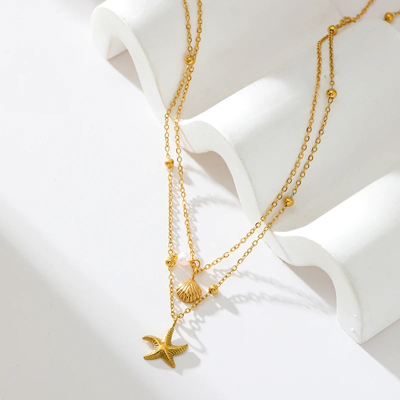 316L Stainless Steel Double Chain Starfish Shell Pendant Necklace 18K