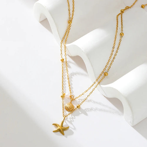 316L Stainless Steel Double Chain Starfish Shell Pendant Necklace 18K