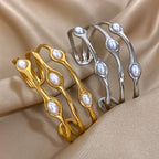 Layered Pearl Stainless Steel Open Cuff Bangle Bracelet Gold Silver