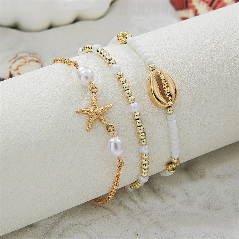 3Pcs Bohemian Shell Starfish Bracelet Set Pearl Beads Beach Jewelry