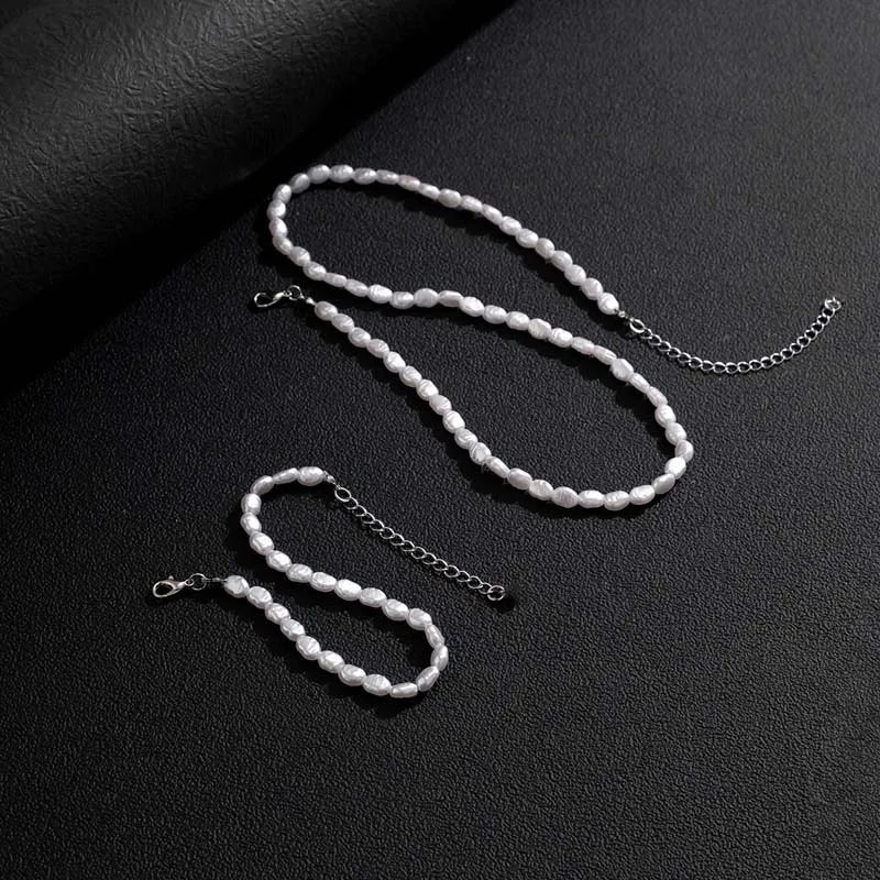 Simple Imitation Pearl Beaded Choker Necklace and Bracelet