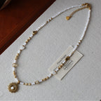 Natural Shell Bead Necklace with Sun Pendant Titanium Steel
