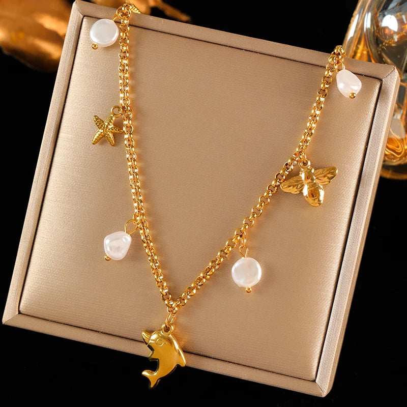 316L Stainless Steel Double Chain Starfish Shell Pendant Necklace 18K