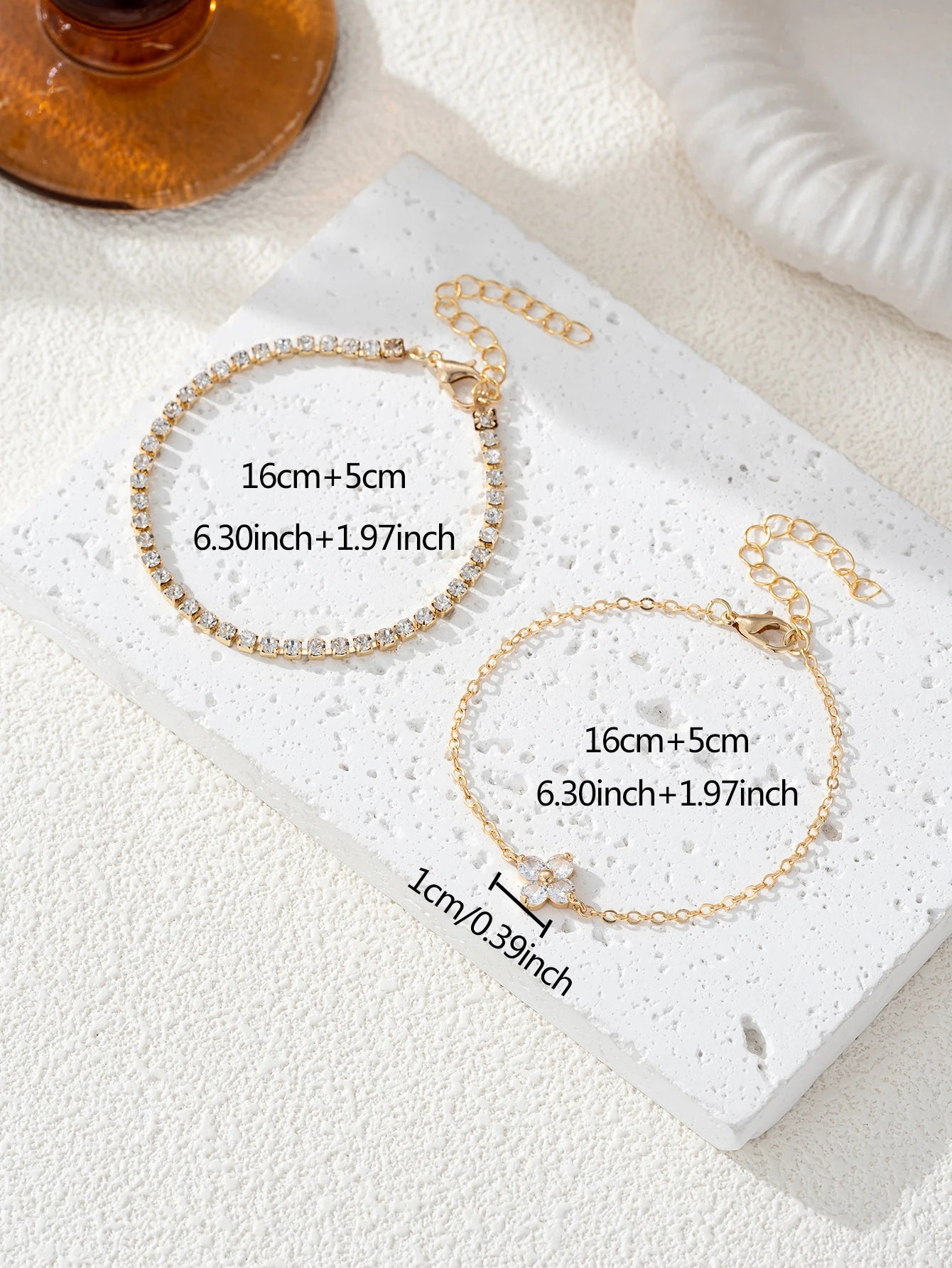 Simple Cubic Zirconia Flower Chain Women's Bracelet 2pc Set