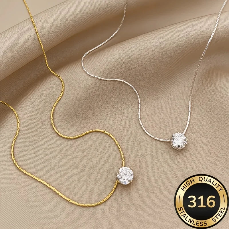 Women's Cubic Zirconia Solitaire Pendant Necklace 316L Stainless Steel