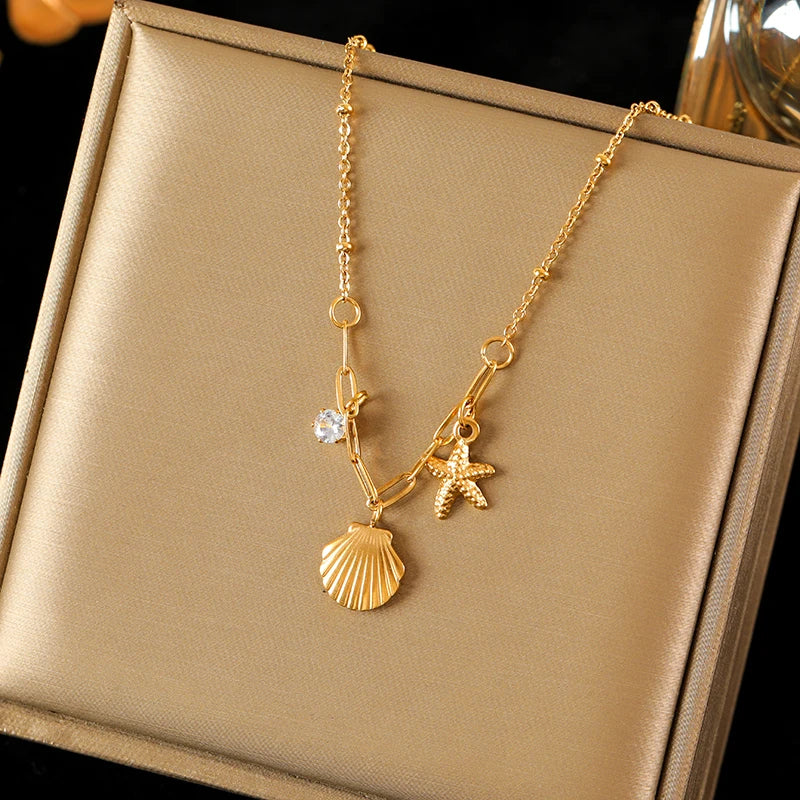 316L Stainless Steel Double Chain Starfish Shell Pendant Necklace 18K