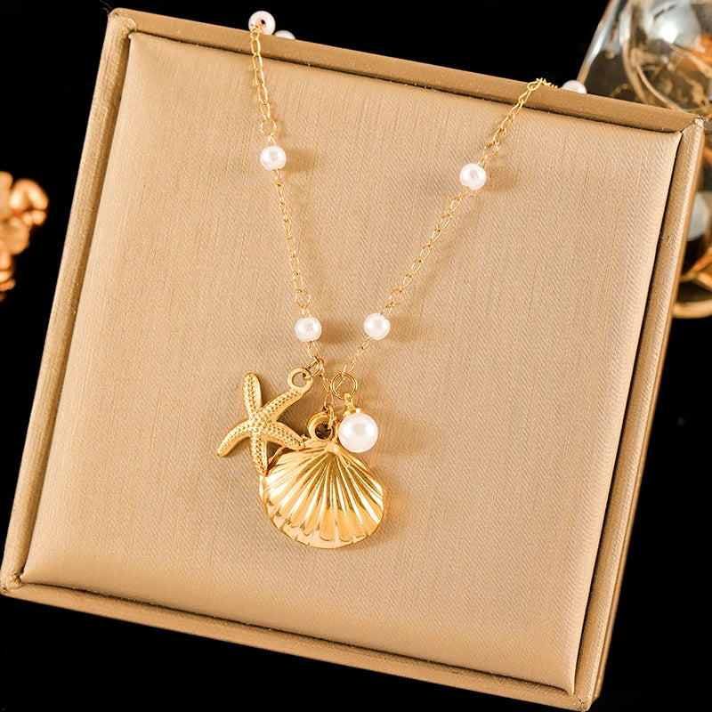 316L Stainless Steel Double Chain Starfish Shell Pendant Necklace 18K