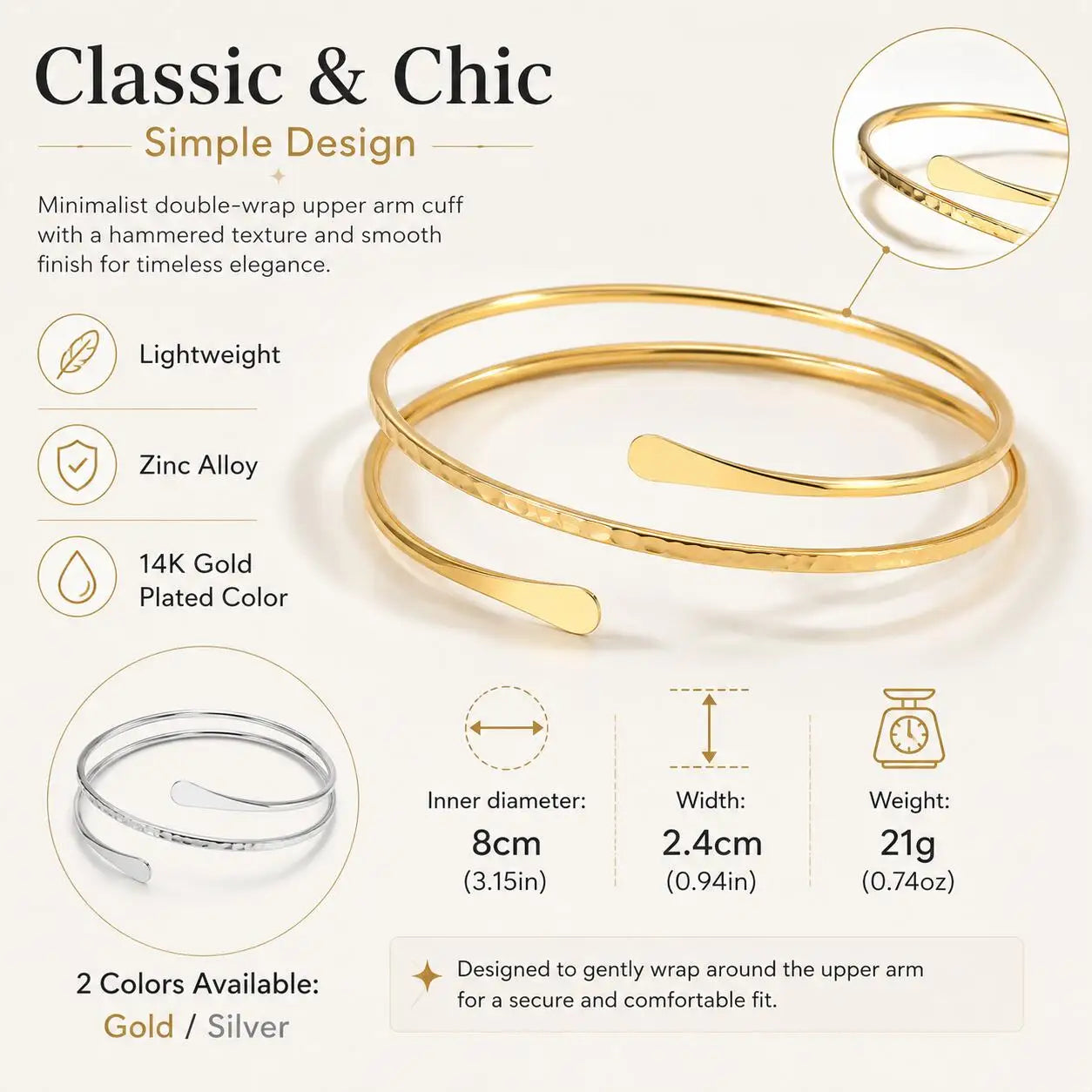 Women's Minimalist Adjustable Open Upper Arm Cuff Bracelet Stainless Steel