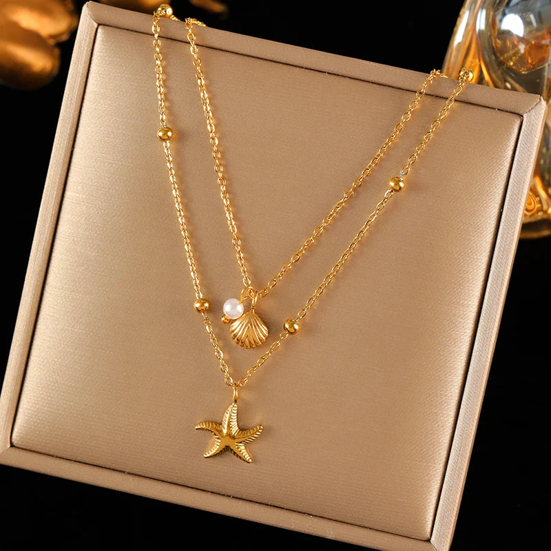 316L Stainless Steel Double Chain Starfish Shell Pendant Necklace 18K