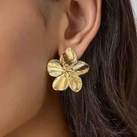 Double-Layer Hollow Flower Hoop Earrings for Women Stainless Steel Gold