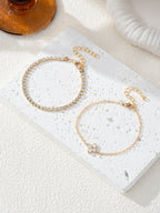 Simple Cubic Zirconia Flower Chain Women's Bracelet 2pc Set