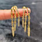 14k Gold Plated Triple Huggie Stud Earrings Dangle Chain CZ