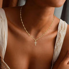 18k Gold Plated Stainless Steel Cross Necklace with Zirconia Pendant