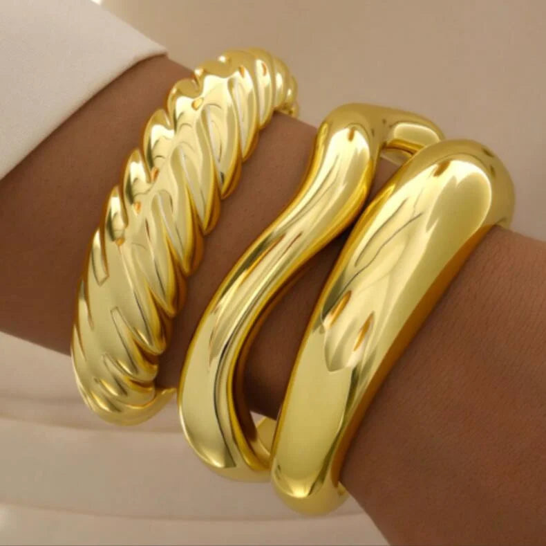 Vintage Hip Hop Cuff Bangle Set 3 Pcs Twisted Wavy Geometric