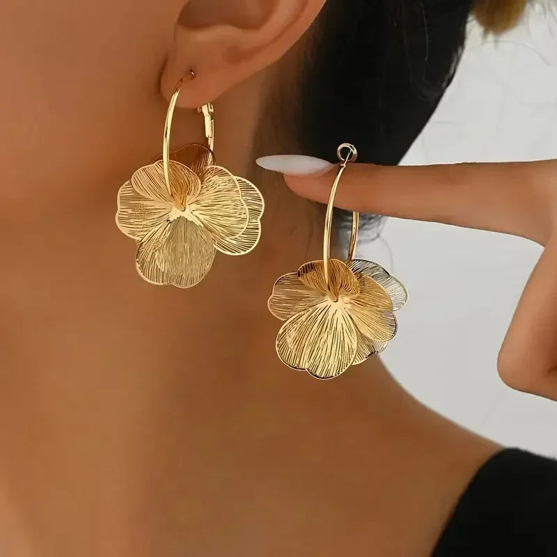 Double-Layer Hollow Flower Hoop Earrings for Women Stainless Steel Gold