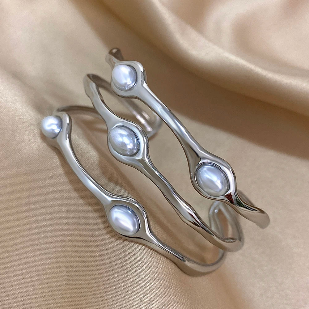 Layered Pearl Stainless Steel Open Cuff Bangle Bracelet Gold Silver