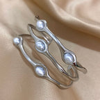 Layered Pearl Stainless Steel Open Cuff Bangle Bracelet Gold Silver