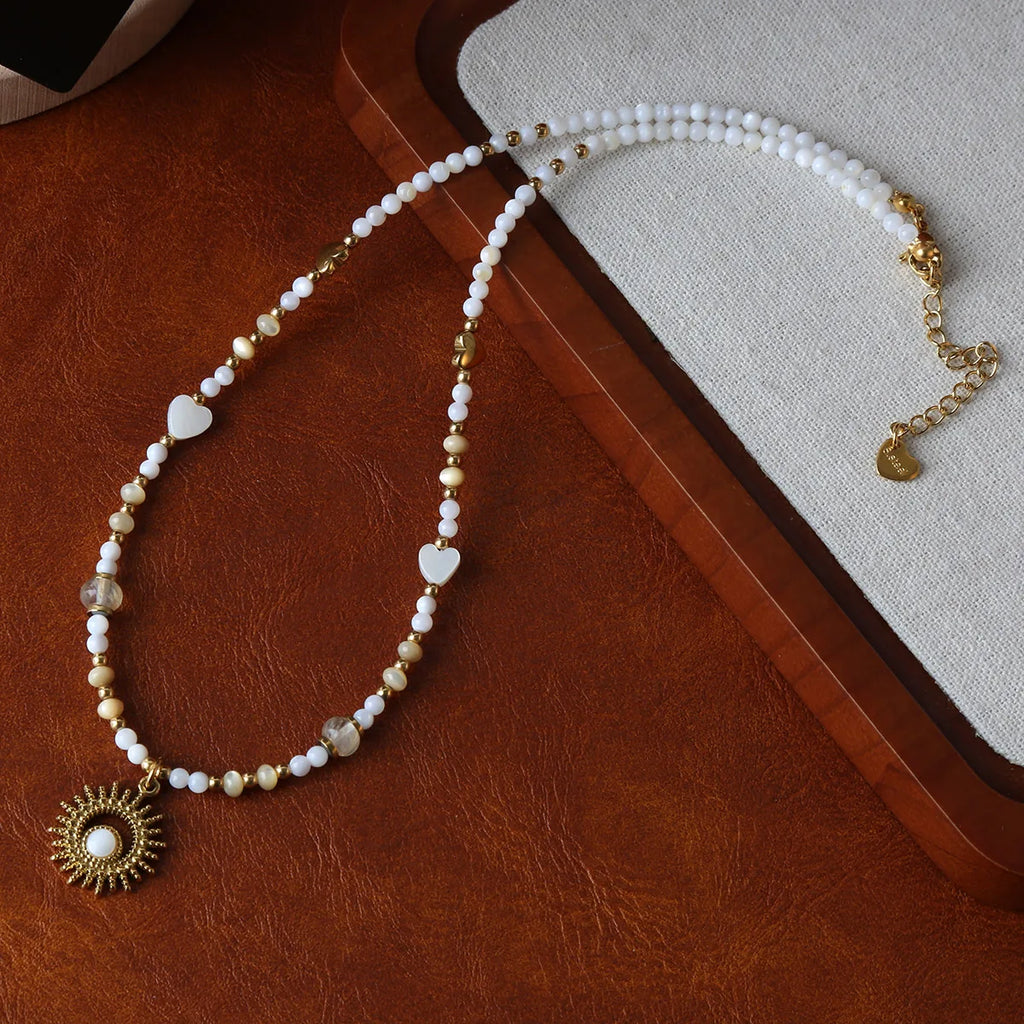 Natural Shell Bead Necklace with Sun Pendant Titanium Steel