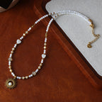 Natural Shell Bead Necklace with Sun Pendant Titanium Steel