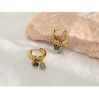 18K Gold Plated Women's Stainless Steel Hoop Earrings Green Stone