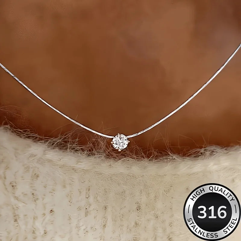 Women's Cubic Zirconia Solitaire Pendant Necklace 316L Stainless Steel