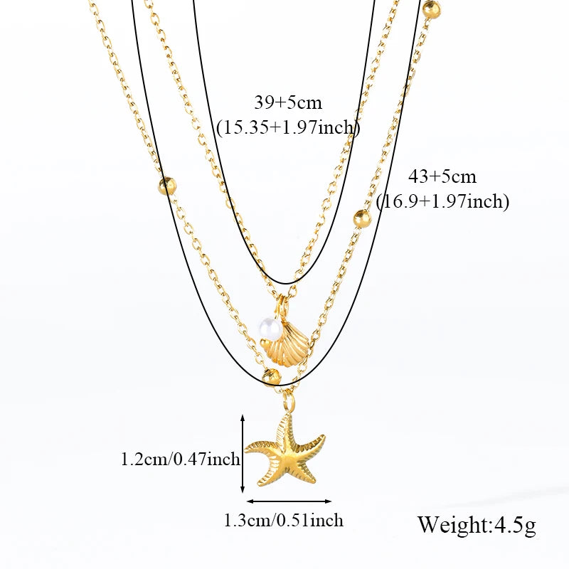 316L Stainless Steel Double Chain Starfish Shell Pendant Necklace 18K