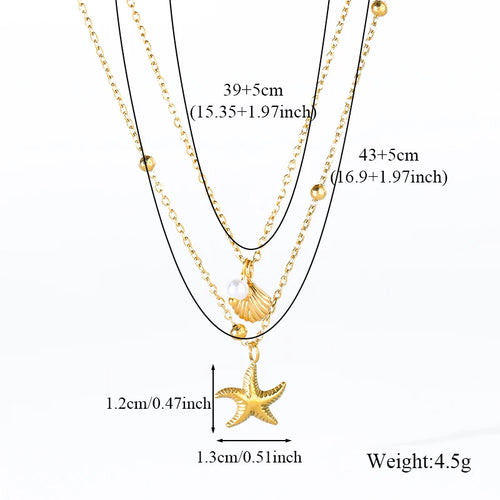 316L Stainless Steel Double Chain Starfish Shell Pendant Necklace 18K