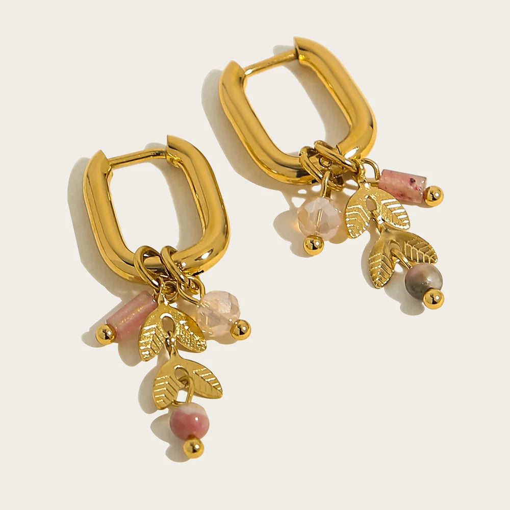 18K Gold Plated Women's Stainless Steel Hoop Earrings Green Stone