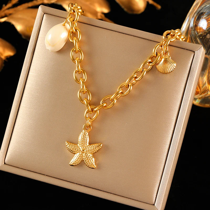 316L Stainless Steel Double Chain Starfish Shell Pendant Necklace 18K