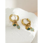 18K Gold Plated Women's Stainless Steel Hoop Earrings Green Stone