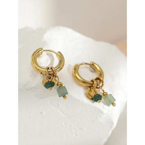 18K Gold Plated Women's Stainless Steel Hoop Earrings Green Stone