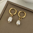 PONYKISS Women's Geometric Hoop Earrings Freshwater Pearl Pendant Gold ET6311G