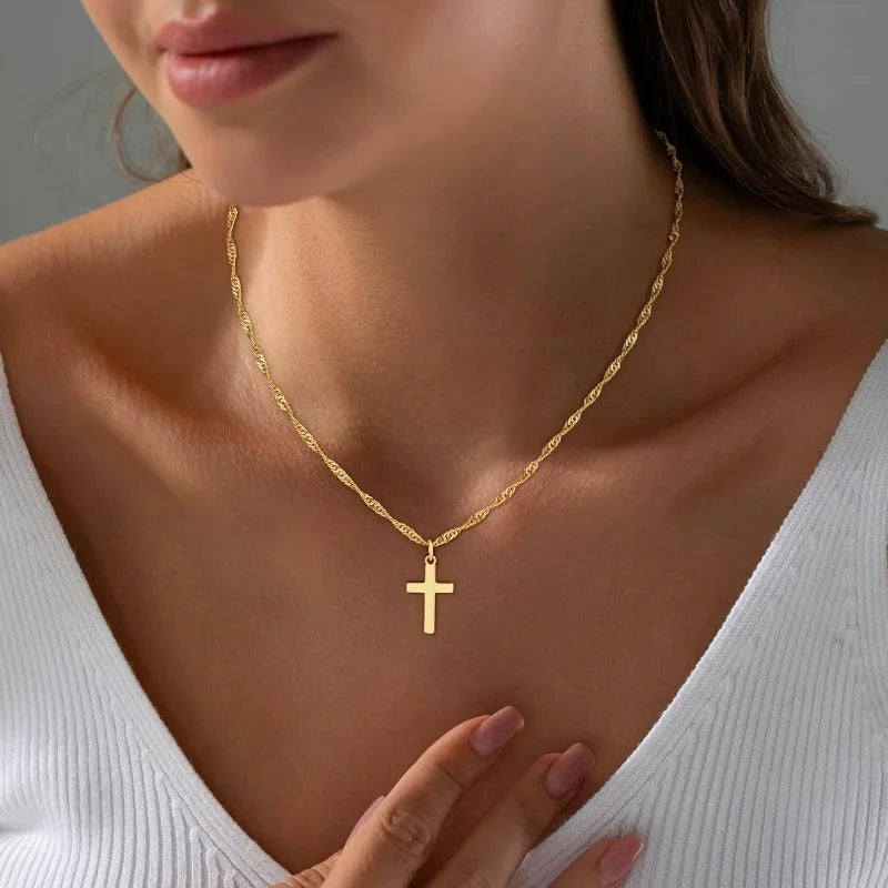18k Gold Plated Stainless Steel Cross Necklace with Zirconia Pendant